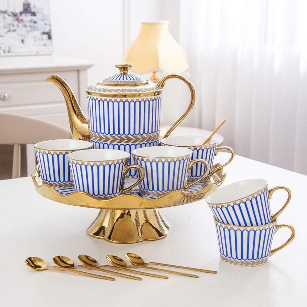 RXM Rotating Tea Sets Coffee Cup British Bone China High-grade Simple Afternoon Tea Gold Stripes (Color : Blue)