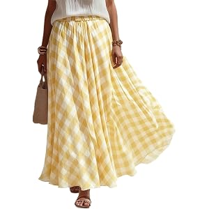 Boho Skirts for Women Midi Length Loose Fit Plaid Long Flowy Elastic Waist A-Line Skirt Summer Casual Beach Vacation