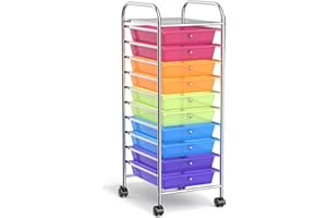 HOMGX Storage Cart with 10 Drawers, 10 Tiers Multicolor Rolling Drawer Cart, File & Debris Storage Mobile Cart, Slim Rolling Storage Cart for Office/School/Home (Multicolored & Clear)