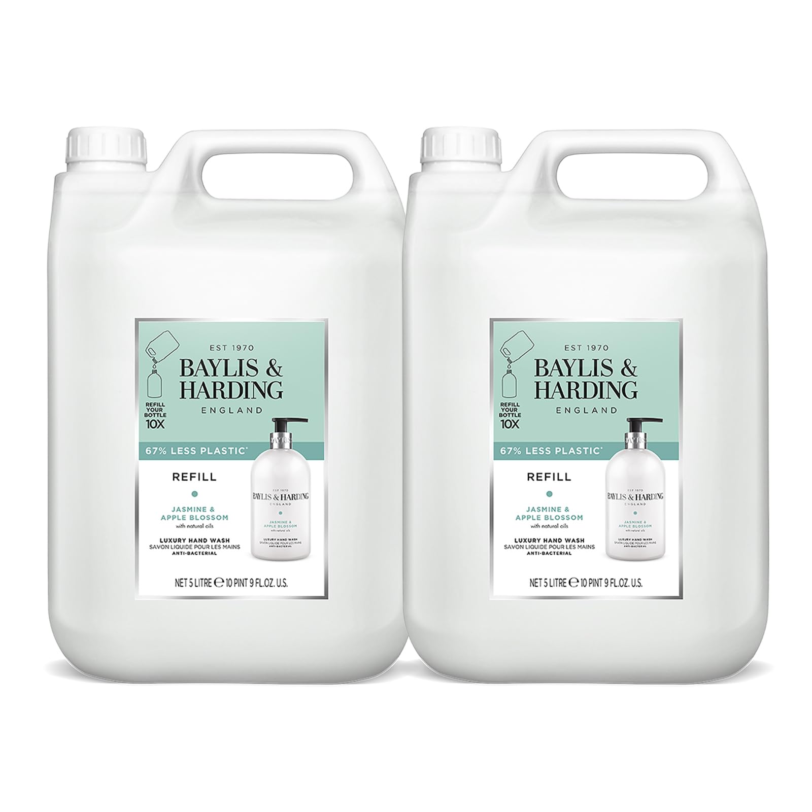 Baylis & Harding Jasmine & Apple Blossom Anti-Bacterial Hand Wash 5 Litre Refill (Pack of 2 - Total 10 Litres) - Vegan Friendly