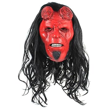 ZYSYSL Hellboy Cosplay Maske mit schwarzer Perücke Latexrot Kostüm für Erwachsene Kostüm Zubehör Halloween,Red-55-63cm
