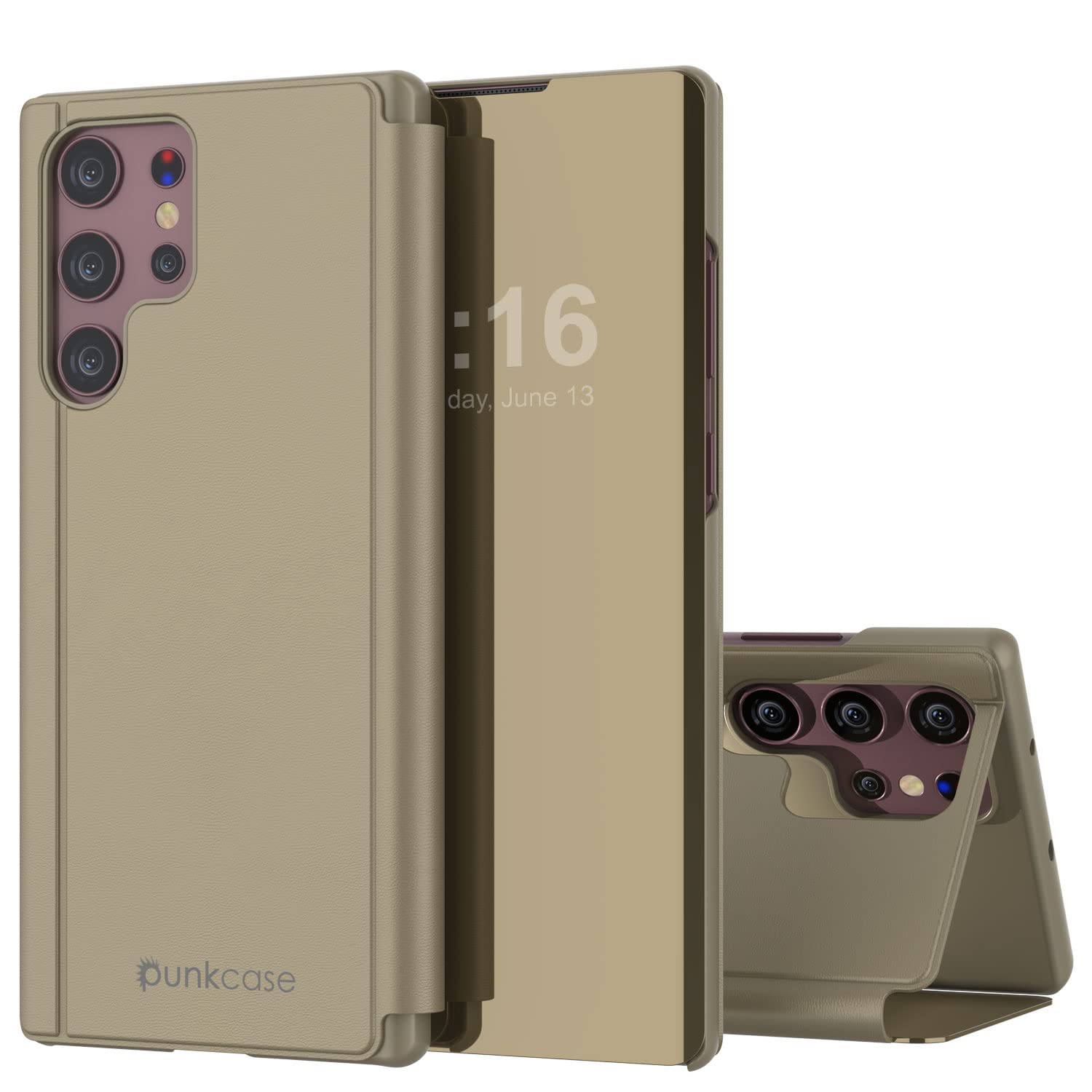 Punkcase S22 Ultra Reflector Case Protective Flip Cover W/Scratch Resistant Translucent Mirror Front & Non-Slip PU Leather Back Integrated Kickstand for Galaxy S22 Ultra 5G (6.8") (2022) (Gold)