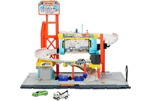 Matchbox Toy Car Track Set, Spin Cyclone Car Wash Playset with 1:64 Scale Corvette & Tow Truck, Features Spinning Wash Tunnel, Tune-Up Shop & Parking