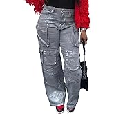 LKOUS Women's Y2K Baggy Straight Wide Leg Cargo Jeans, Streetwear High Waisted Denim Pant