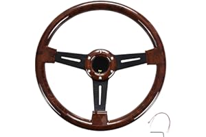 NTING 14" Classic Wood Grain Steering Wheel Riveted Light Wood Grip, Universal Automotive Steering Wheels Slotted 3 Spoke with Horn Button, 350mm 14inch Black