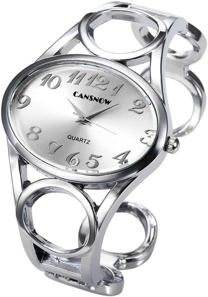Top Plaza Women Fashion Silver Tone Circle Band Arabic Numeral Scale Bangle Cuff Dress Bracelet Watch