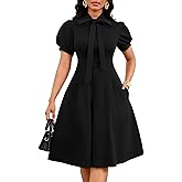 Nmoder Midi Dresses for Women, Semi-Formal Fit and Flare Tie Neck Puff Sleeve Elegant Cocktail Party Summer Short Dress