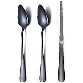 Black Grapefruit Spoons 3 Pieces Set, 2 Stainless Steel Grapefruit Spoon And 1 Grapefruit knife With Titanium Plating, Grapefruit Utensil Set, Serrated Edges Spoon pack of 3 (Black)