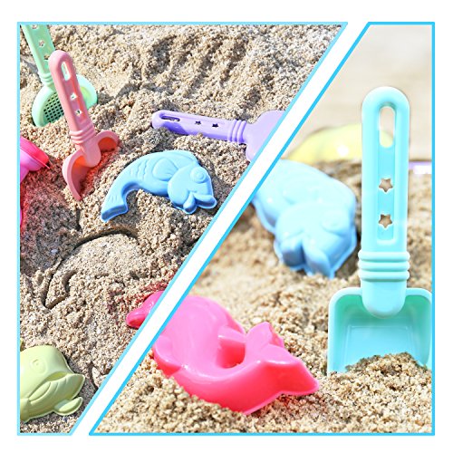 Zooawa Beach Sand Toy Set for Kids, Beach Bucket Sand Models Play Kits Summer Playing Molds Pail Sets Include Red Bucket, Rake, Shovels, Watering Can, Sand Models, Colorful