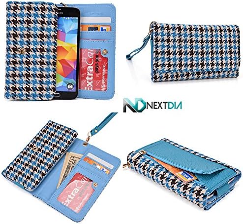 Smartphone Wallet Wristlet for Media-Tech Imperius Aero MT7005| Houndstooth Pattern : Brown White Electric Blue with Credit Card Slots and Zippered Pouch for Coins + Detachable Wristlet