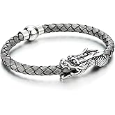 COOLSTEELANDBEYOND Vintage Stainless Steel Dragon Bangle Bracelet Grey Genuine Braided Leather Wristband, for Men