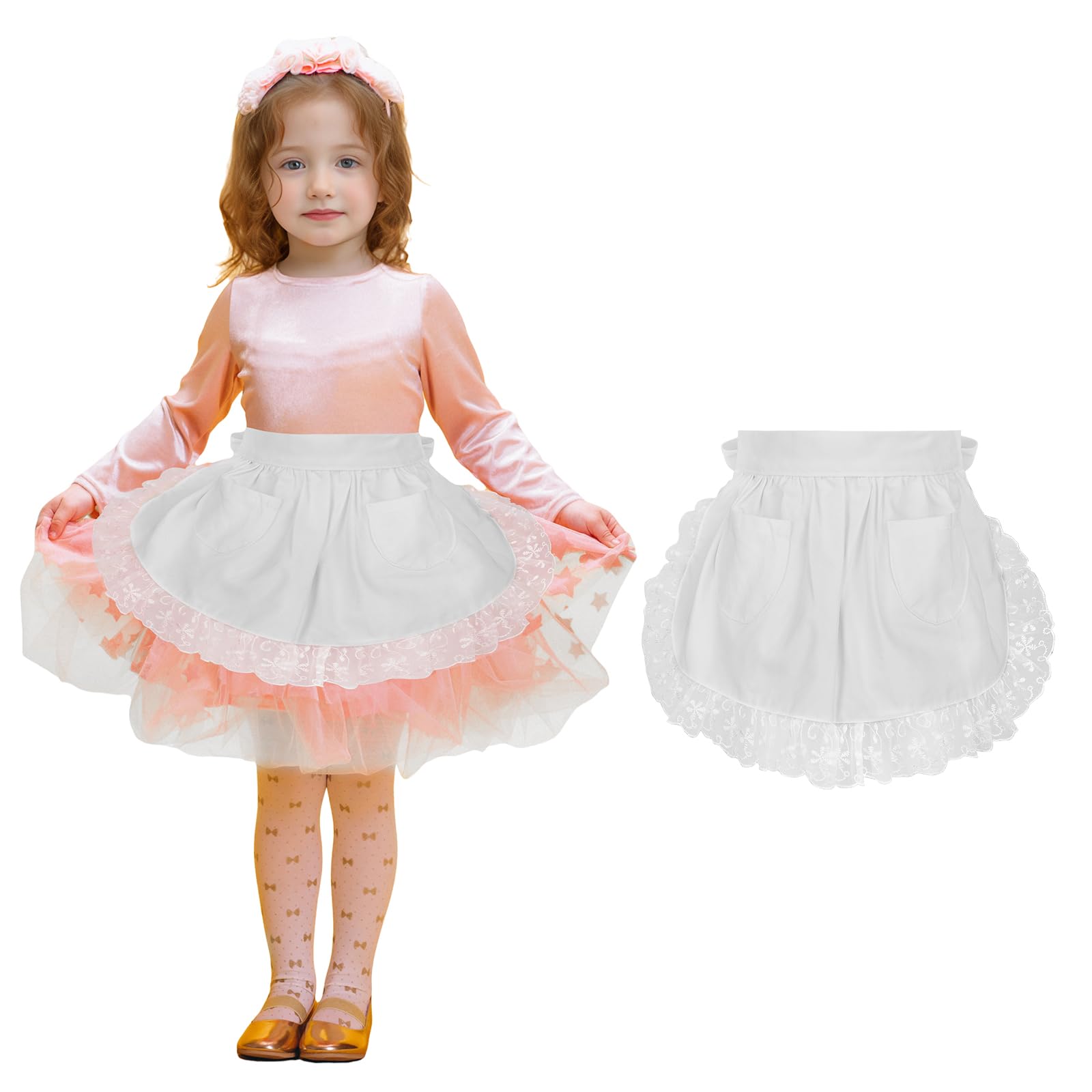 Aspire Maid Costume Waist Apron for Lady, Christmas Lace Cotton Half Apron with Two Pockets