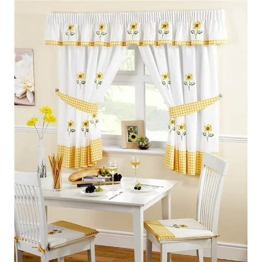 Sunflower Pencil Pleat Headed Kitchen Curtains and Tiebacks, Yellow/White, 66 x 48-Inch