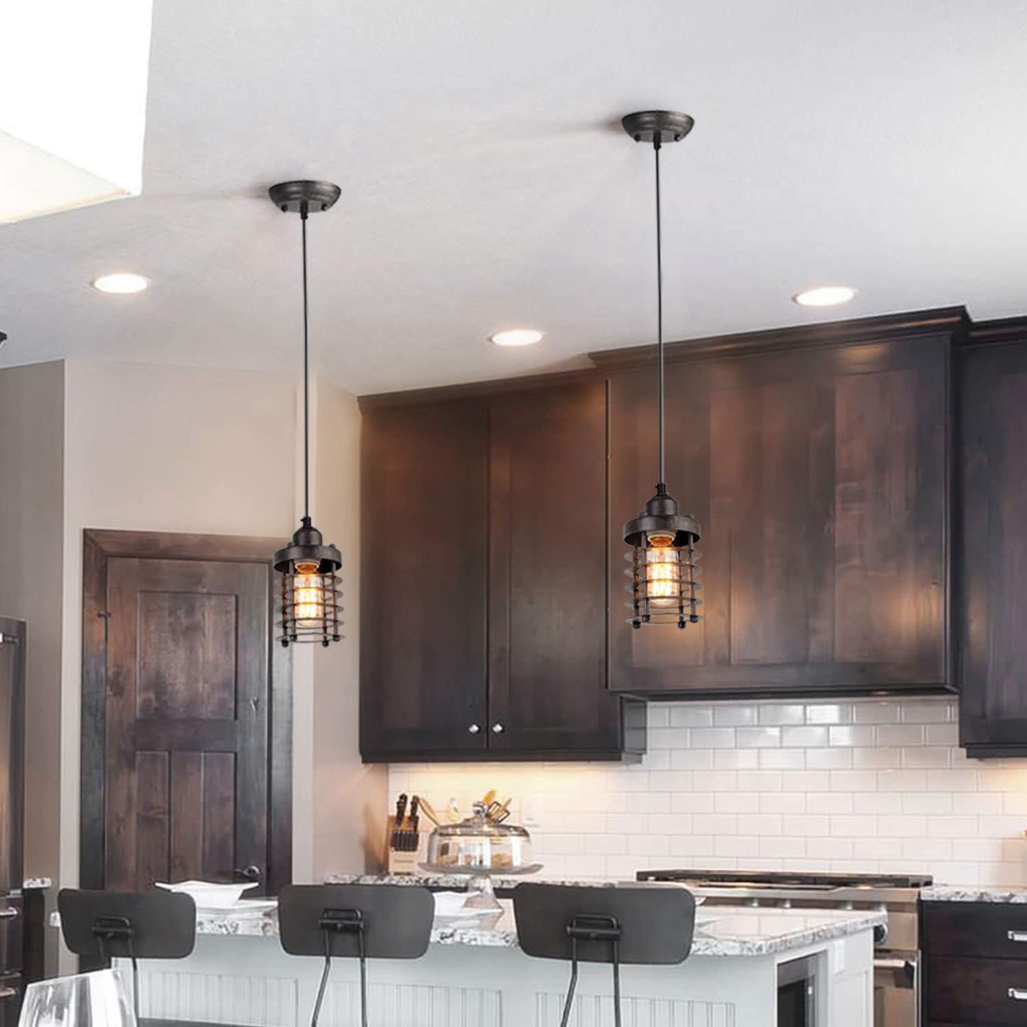 LNC A02534 Pendant Lighting for Kitchen Island Farmhouse Barn Warehouse Mini Cage Ceiling Lamp with Brown Rust, A02534 - - 