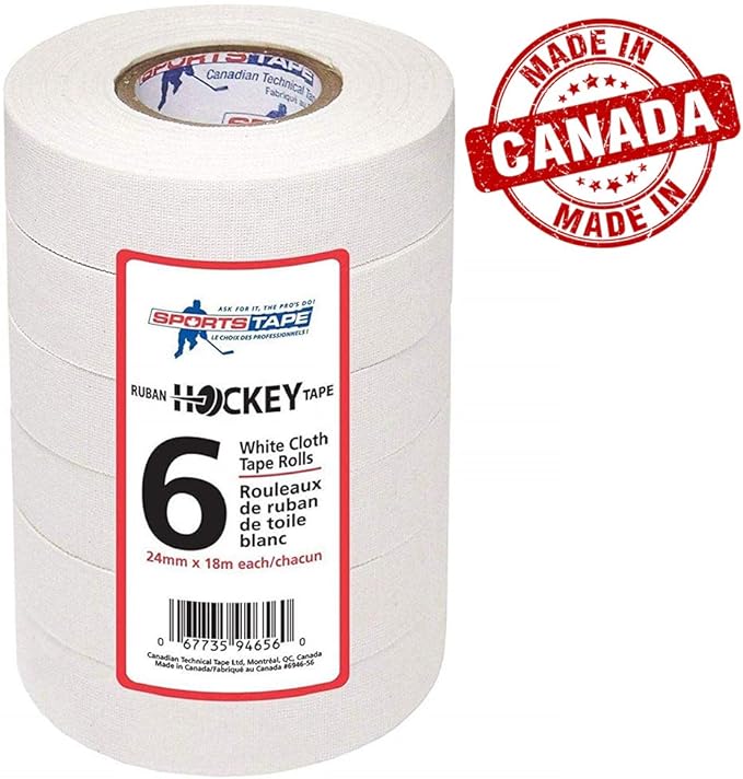 SportsTape White Hockey Tape for Sticks and Grips, Durable Cloth and Easy Tear (6 Pack), Grips