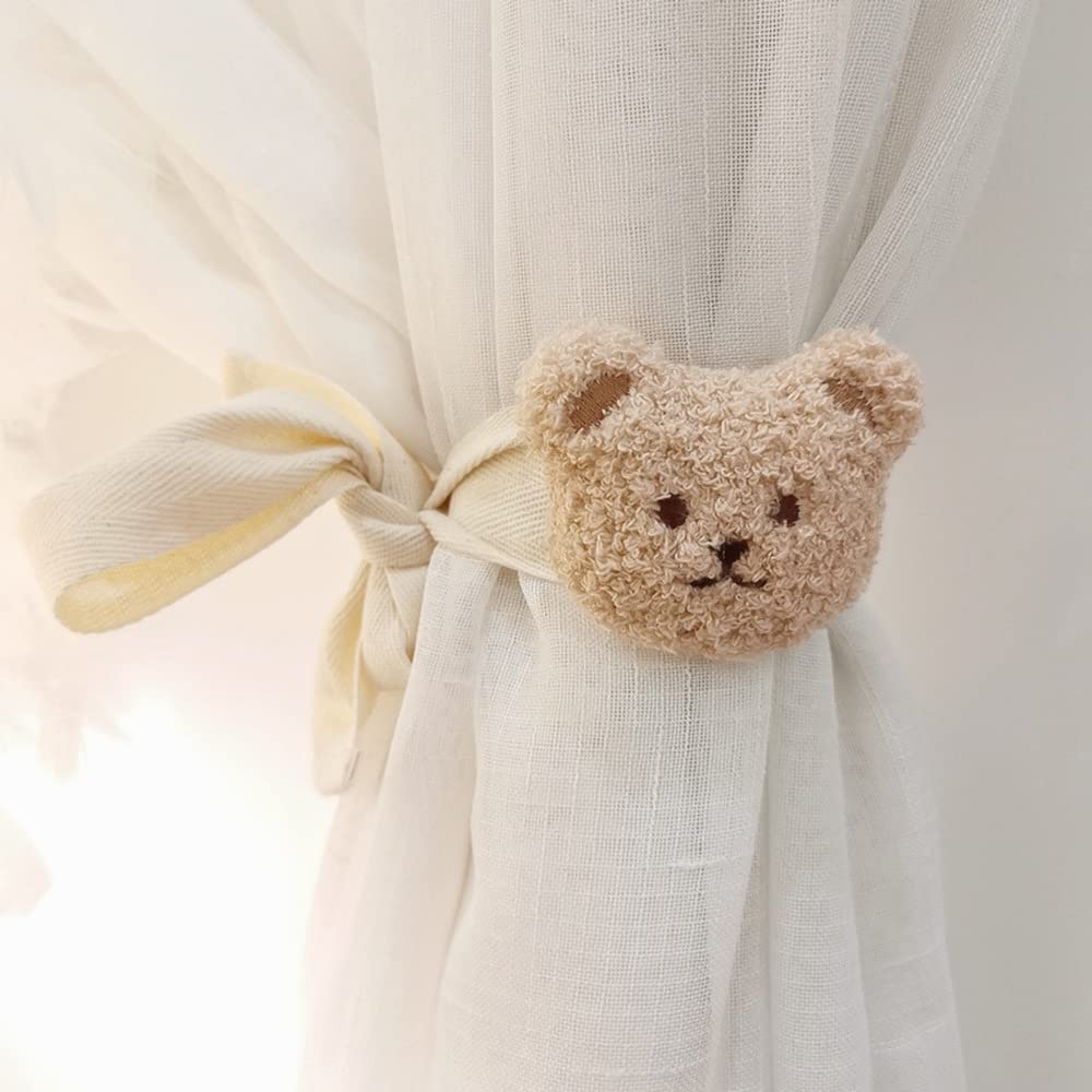 Photo 1 of 2 Pack Cute Curtain Tiebacks Cartoon Bears Embroidered Animal Shape Bedroom Accessories(Beige)