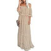 Women's Casual Off Shoulder Lace Maxi Dress Boho White Bridesmaid Wedding Evening Party Dresses