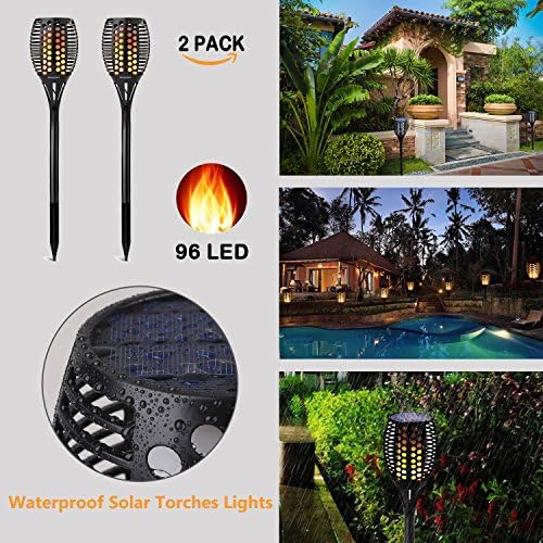 Solar Flame Lights Solar Lights Outdoor Garden Lights - 96 LED Flickering Flame Solar Torch Lights Dusk to Dawn Auto On/Off - IP65 Waterproof Outdoor Lights Solar Powered Landscape Lighting, 2 Pack