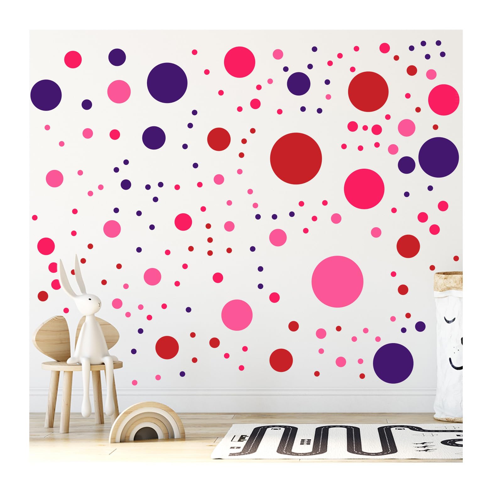 StickerDeen 500+ Assorted Polka Dot Circle Wall Stickers for Kids Bedroom Living Room, Classroom, Playroom Decor Removable Vinyl Wall Stickers Dots Wall Decals (Pinks, Red & Purple (Mixed))