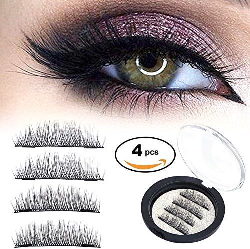 Magnetic False Eyelashes HotSan Reusable Dual Long 35mm Magnetic Eyelash Ultra Thin Magnetic Lashes No Glue Needed Pack of 4