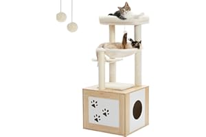 PETEPELA 46" Cat Tree Tower with Litter Box Enclosure, Super Large Hammock [Dia=15.7"], Cat House with Cat Scratching Posts, Big Removable Top Perch & Dangling Balls, Wood Beige