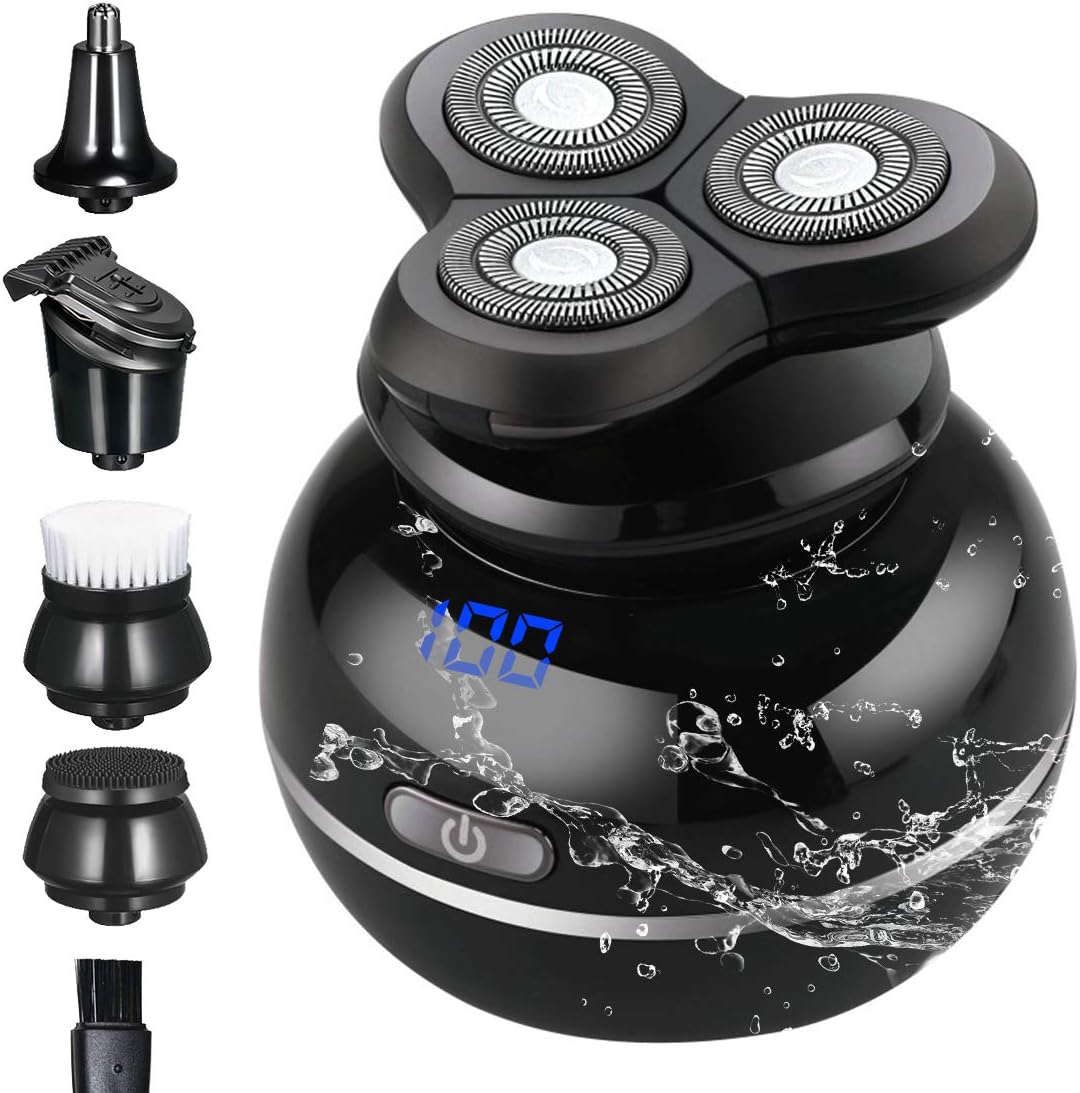 Electric Shaver Men's 5-in-1 Waterproof Electric Razor & Grooming Kit, Rechargeable Cordless Rotary Shaver Perfect for Bald, Dry and Wet Use Beard Trimmer