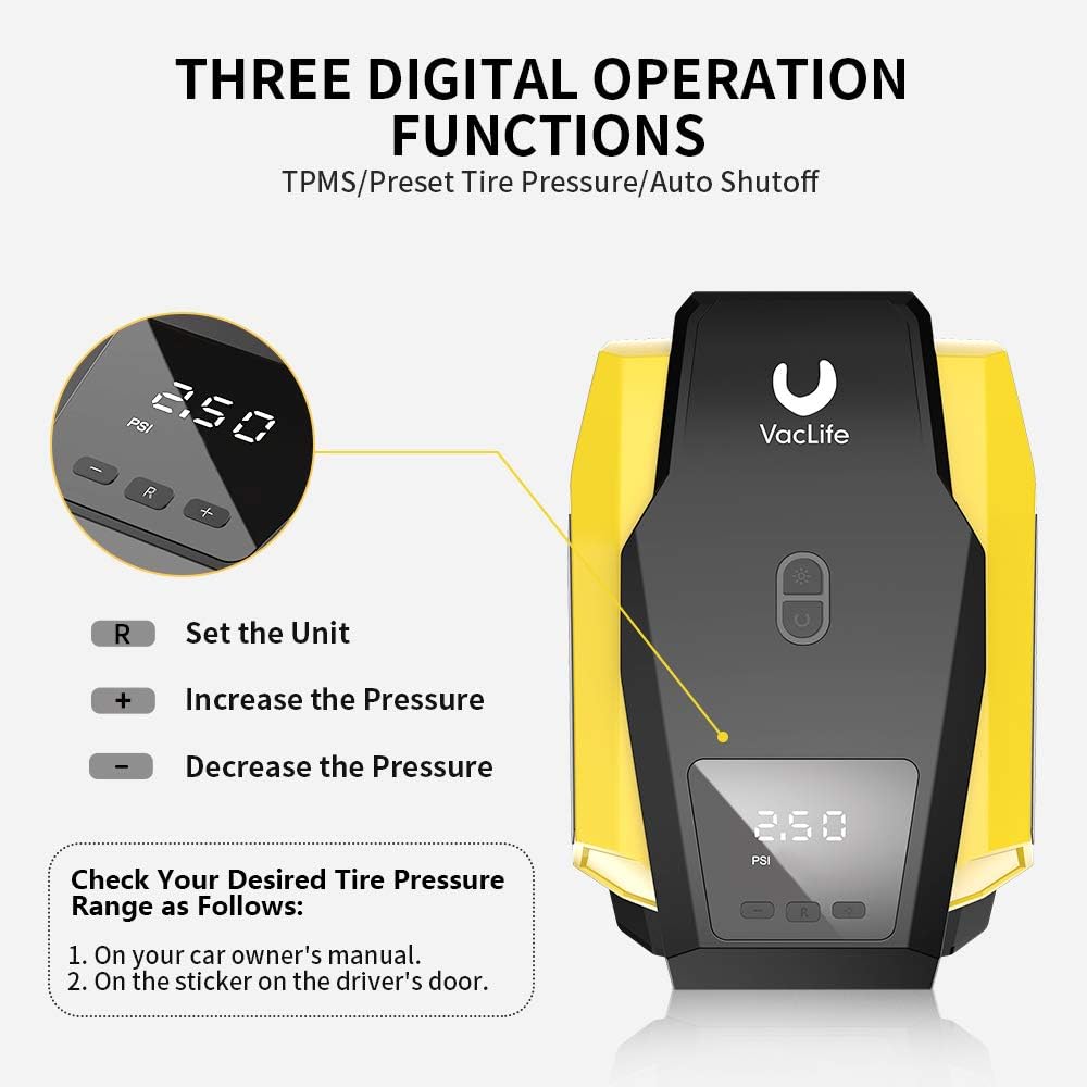 VacLife Air Compressor Tire Inflator, DC 12V Portable Air Compressor for Car Tires, Auto Tire Pump with LED Light, Digital Air Pump for Car Tires, Bicycles and Other Inflatables: Automotive