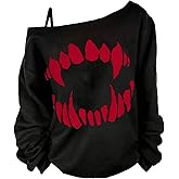 Verdusa Women's Plus Size Off The Shoulder Graphic Tee Long Sleeve Pullover Tops Goth Clothes