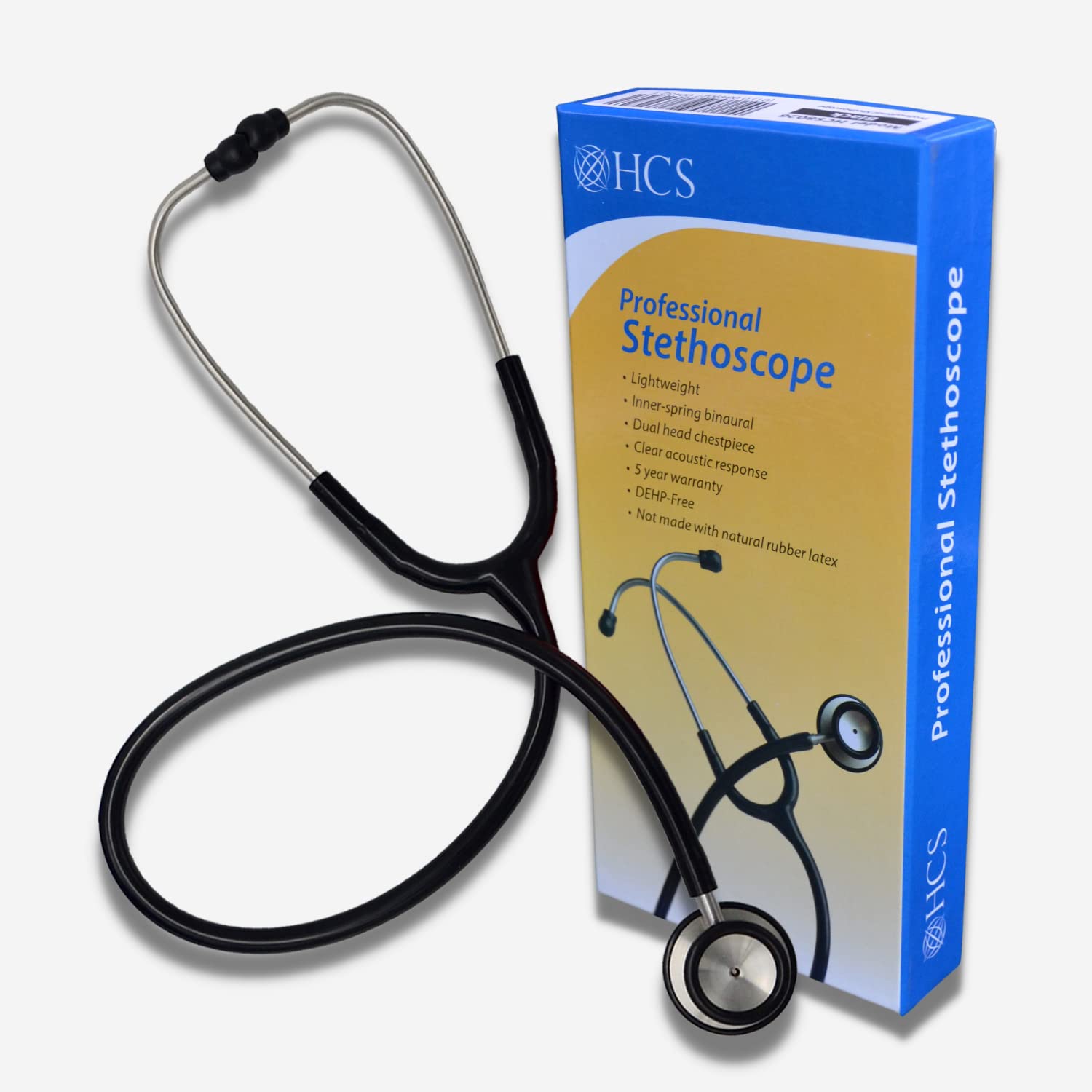 HCS Black Stethoscope - Classic Lightweight, Medical, Dual Head Stethoscope for Nurses, Students, Home - 22 inch Tubing
