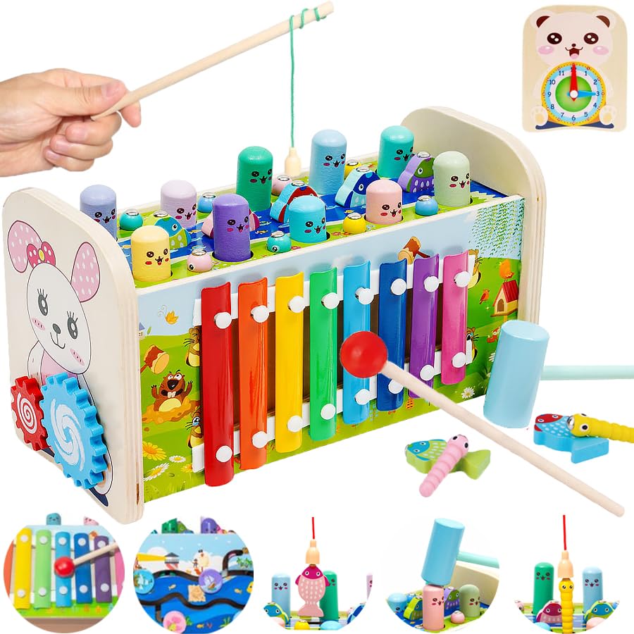 Nukdey Wooden Hammer Pounding Toy 7 in 1 Montessori Toys Whack a Mole Game Pegs Pound Tap Bench Maze Puzzle Musical Toy with Xylophone, Mallets,Fishing Gears Clock Gift for Toddler Kids Boys Girls