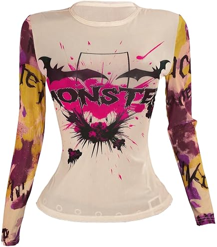 Women's Asymmetrical Sheer Lace T Shirt Sexy Slim Fit Long Sleeve