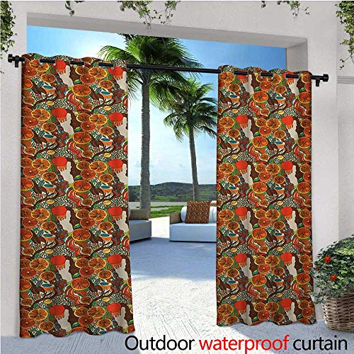homehot Colorful Outdoor Blackout Curtains Warm Colored Juicy Oranges with Abstract Foliage Leaves in Doodle Drawing Style Outdoor Privacy Porch Curtains W84 x L108 Multicolor