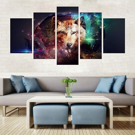 Rdchy Impression Sur Toile Loup Vert Tableau Peinture Sur Toile Moderne Pour Salon Appartement Chambre Decoration 5 Pieces Sans Cadre Amazon Fr Cuisine Maison