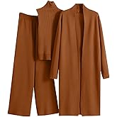 Women's 3 Piece Knit Lounge Set, Long Sleeve Cardigan Sleeveless Turtleneck Tank Top and Wide Leg Pants Matching
