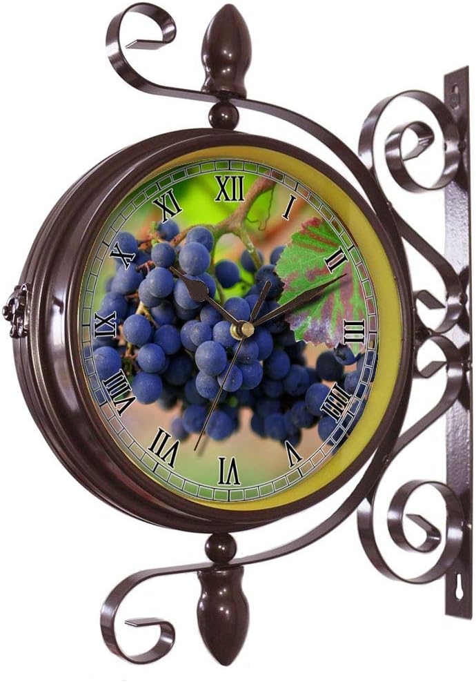 girlsight Wrought Iron Antique-Round Clock Wall Retro Station Chandelier Double Sided Wall Clock -360 Degree Quiet Grand Central Station Wall Clock405.Grapes, Red Wine, Vineyard, Trollinger