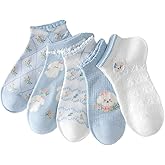 CazDopaM 5 Pairs Ruffle Frilly Cotton Socks for Women Cute Puppy Patterned Bowknot Blue Ankle Socks