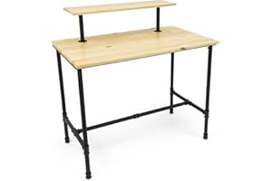 Displays2go, Large Pipe Display Table, Metal and Pine Wood Construction – Natural Finish, Black Hardware (PPLNNSTLRG)