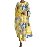 Akivide Women's Flowy Oversized Baggy Boho Floral Print Crewneck Long Sleeve Cotton Maxi Dress Loose Dress