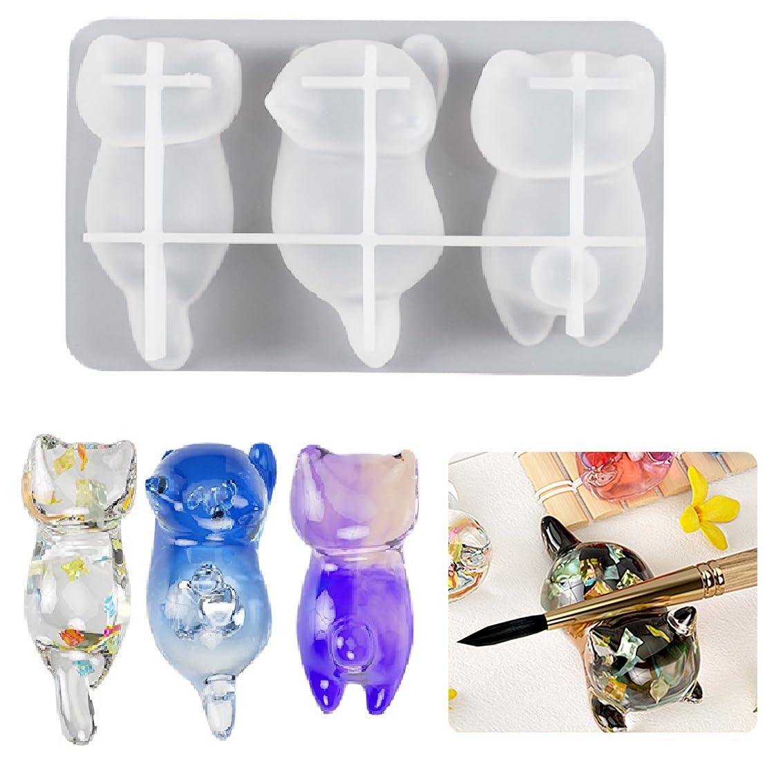 DeryArcle Cat Resin Mould Writing Brush Rest Stand Moulds 3D Animal Epoxy Silicone Mold Cute Crystal Ornament Casting Molds for DIY Painting Pen Chopsticks Display Holder Paperweight Decor
