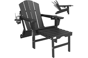 Mdeam 3-Level Adjustable Adirondack Chair with Retractable Ottoman, HDPE All-Weather Folding Fire Pit Chair with 2 Cup Holders, Outdoor Chair for Deck Patio Garden Backyard Lawn (Black)