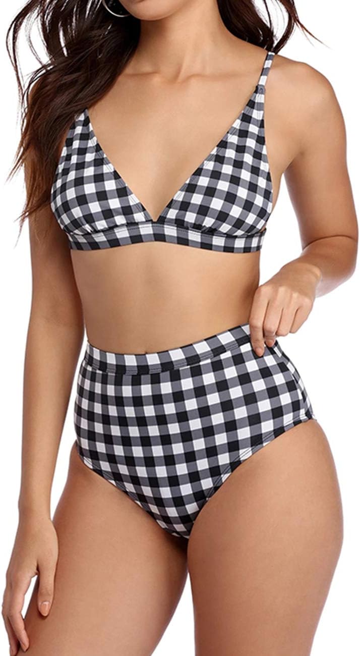 DaiLiWei Womens Printed Bathing Suit High Waisted Swimsuit Padded Swimwear V Neck Triangle Bikini Set Black