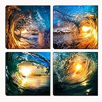 4 Pcs Wave Wall Art - Beach Painting for Bedroom - Ocean Landscape Picture Print on Canvas - Redady to Hang for Living Room Office