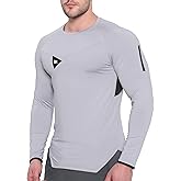 BROKIG Men's Armzip Long Sleeve Running Shirts Quick Dry Sun Protection UV UPF 50+ Jogging T Shirts Zip Pocket Gym Workout