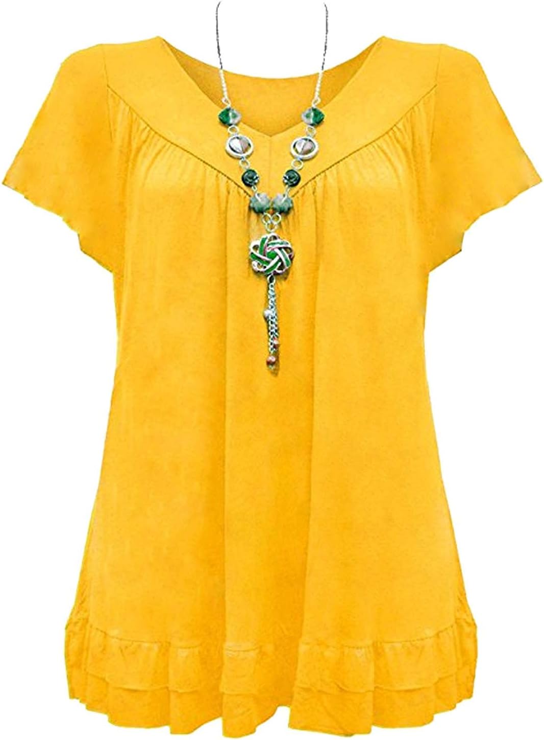 Urban Diva Womens Ladies Plus Size Frill Necklace Gypsy Ladies Tunic Short Sleeve Long V Neck Tops (12-22) (UK Size 12-14, Yellow)