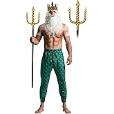 5 Pcs Halloween Poseidon Costumes Cosplay God of The Sea Mermaid Pants Muscle Shirt Trident Scepter Wig Beard and King Crown