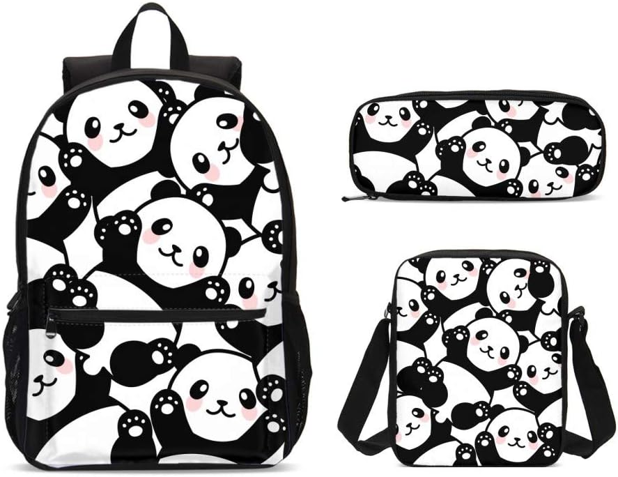 PrelerDIY Cute Panda Backpack Set 3 Piece 17 Inch Plus Book Bag Shoulder Bag Pencil Case for Boys Girls 1-6th Grade Kids Back to School