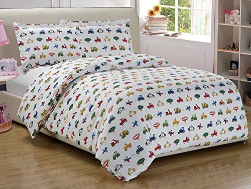 Mk Collection Full Size Trucks Tractors Cars Kids/boys 3 Pc Duvet Set White Blue Red Yellow New ,Full, Duvet White