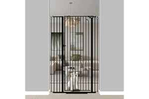 Qonimm 57" Extra Tall Pet Gate for Cats Dogs-29.5"-62.2" Extra Wide Cat Gate for Doorways and Stairs-1.37" Ultra Narrow Spacing Pressure Mounted Dog Gate with One-Handed Operation(33.9"-38.5")