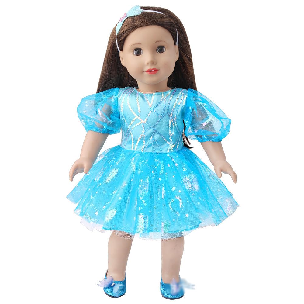 NIXNUT Doll Clothes Princess Gauzy Dress Puff Sleeves Sequins Pattern Summer Clothing for American Girl Doll 18-inch with Bow Hairband