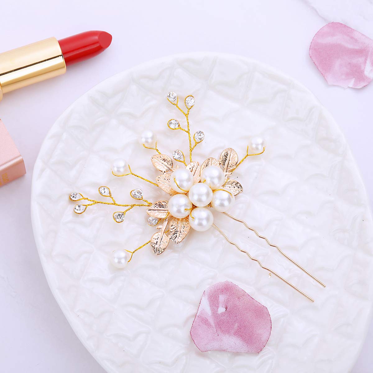 Surray Wedding Hair Pins Gold for Women Girls Pearl Bridal Hair Pieces Cute 3D Leaves Handmade Crystal Flower Vintage Hair Accessories for Bridesmaid Gifts : Beauty